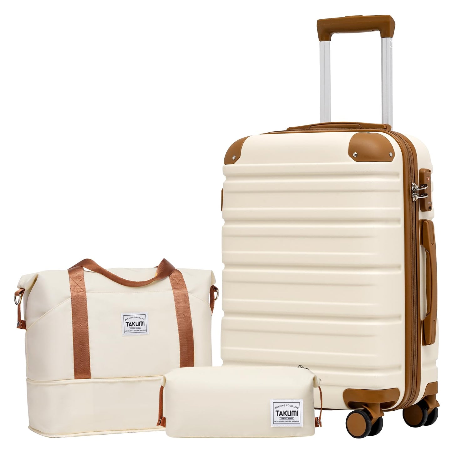 Dluxe Ave. Carry On Luggage Set 3 Piece with Duffel Bag/ ABS Hardshell/Spinner Wheels/ TSA Lock/ (WHITE & BROWN)