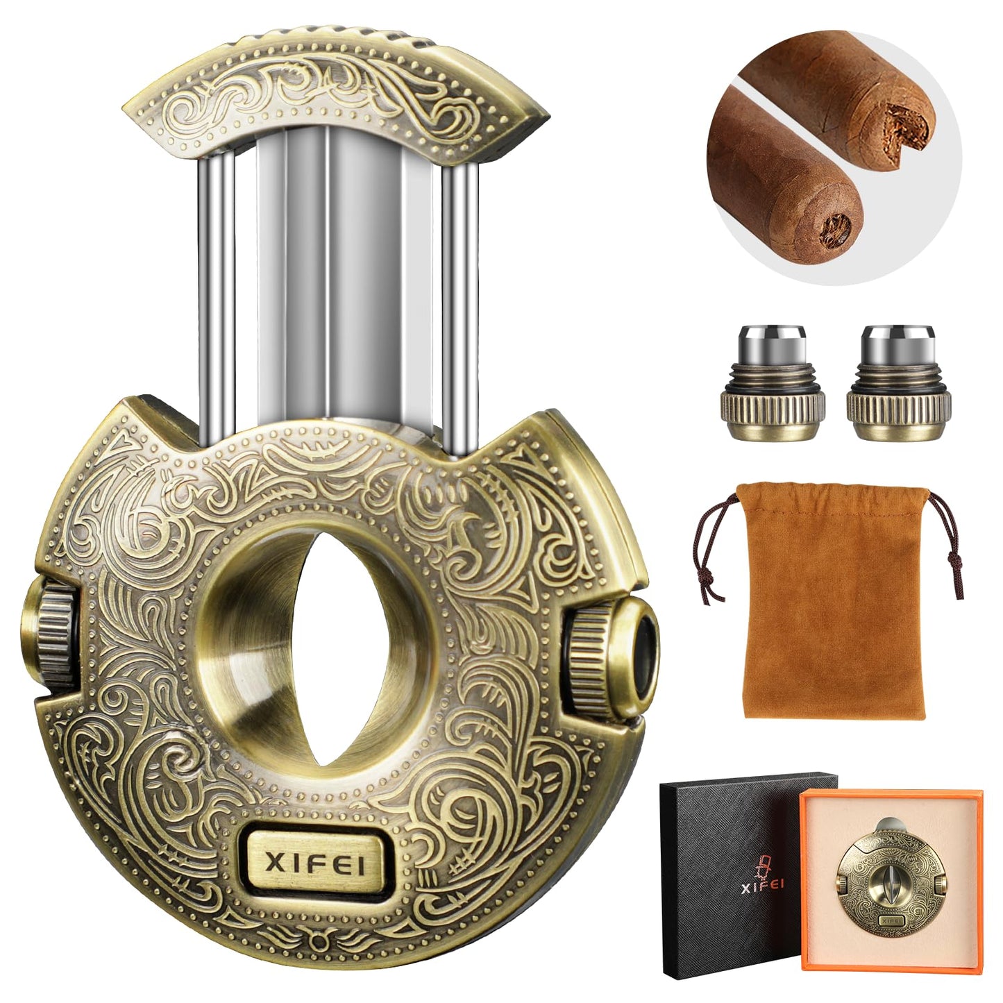 Dluxe Ave. Cigar Cutter Stainless Steel/ V-Cut Guillotine with 2 Cigar Punch/ Bronze
