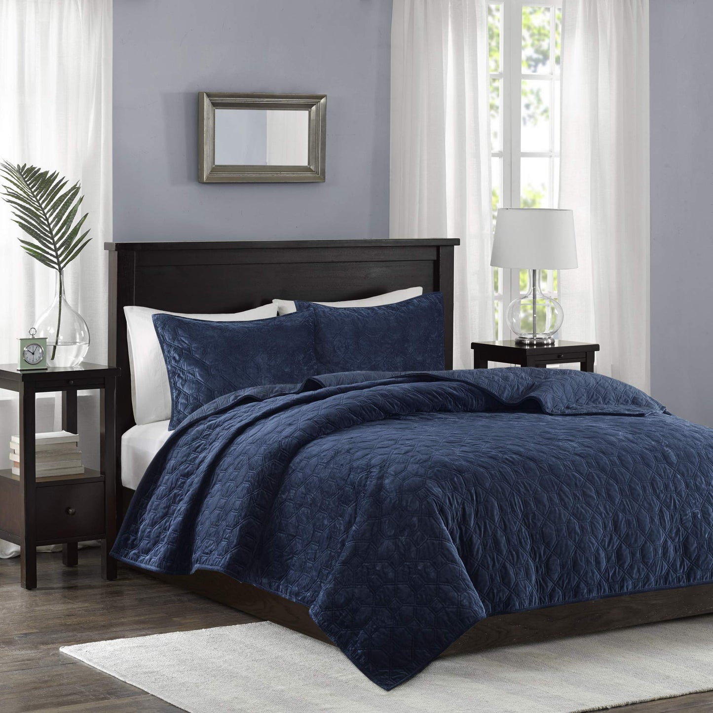 Dluxe Ave. ( FULL/ QUEEN ) 3 Pcs Quilt Set, Velvet Casual Geometric Stitching, All Season Lightweight, Navy 90x90