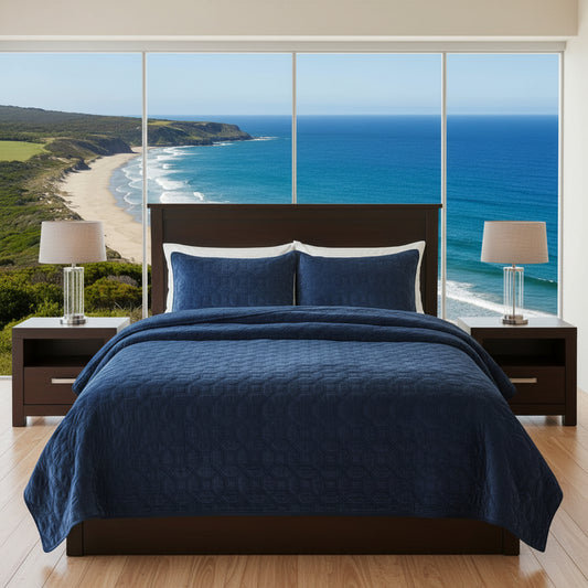 Dluxe Ave. (QUEEN) 3 Pcs Quilt Set, Velvet Casual Geometric Stitching, Lightweight, Navy
