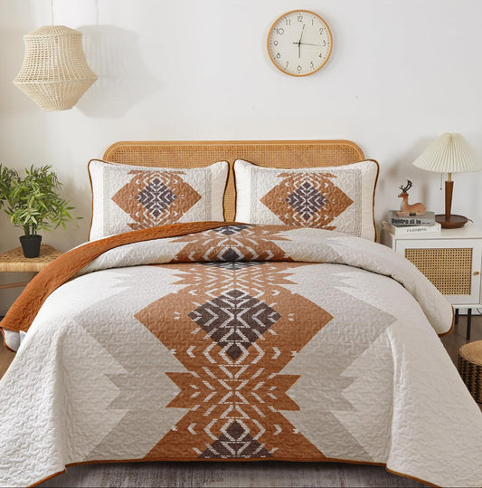 Dluxe Ave. (KING) Quilt Set 3 Pieces Aztec Texture Bedspread Coverlet Set for All Seasons (Terracotta 90"×103")