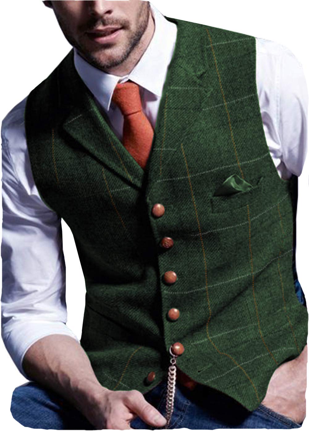 Dluxe Ave. (SMALL) Casual Mens Vest/  Plaid Soft Wool Tweed/ Waistcoat / Green