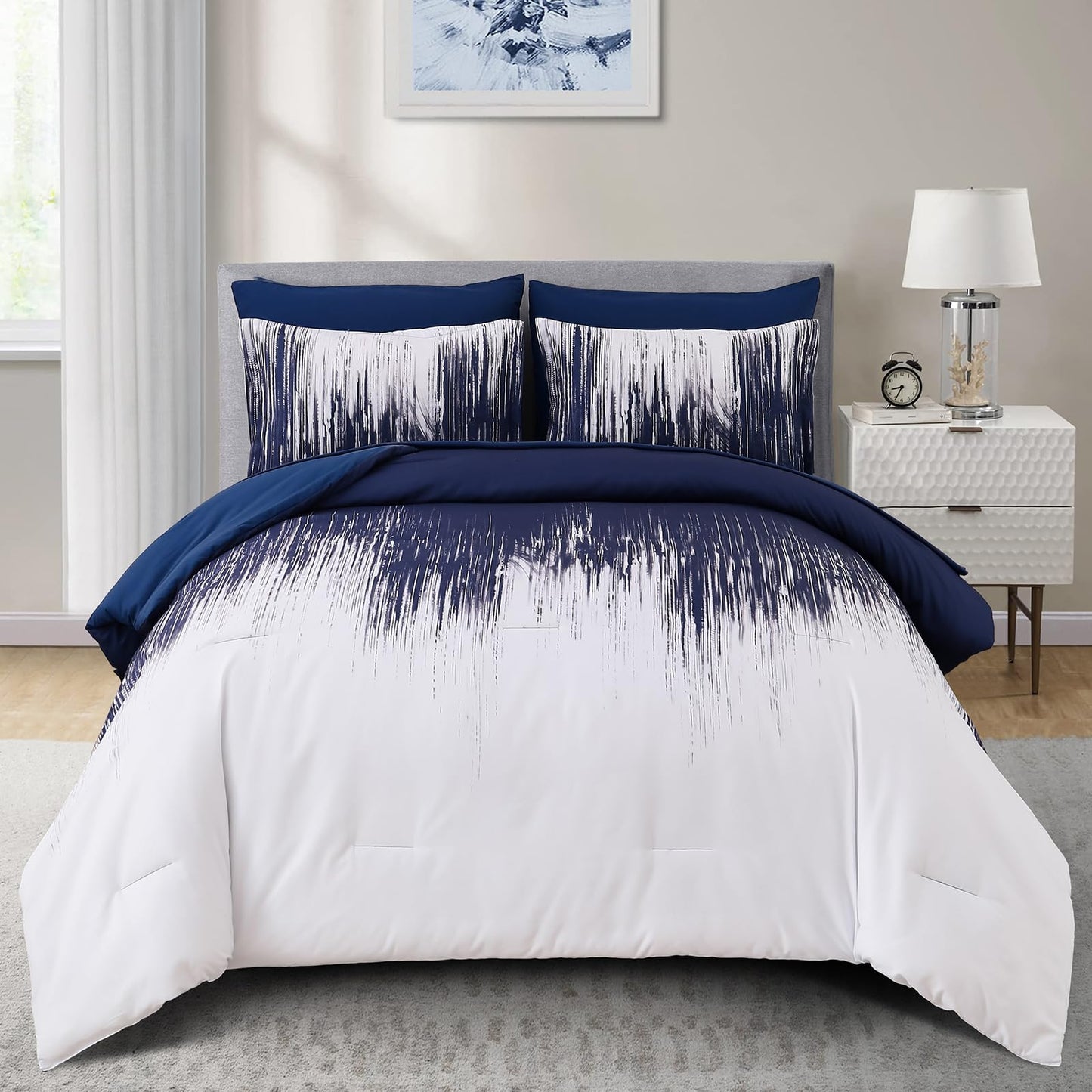 Dluxe Ave. ( QUEEN ) 7 Pcs Comforter Set, Gradient Navy Blue White