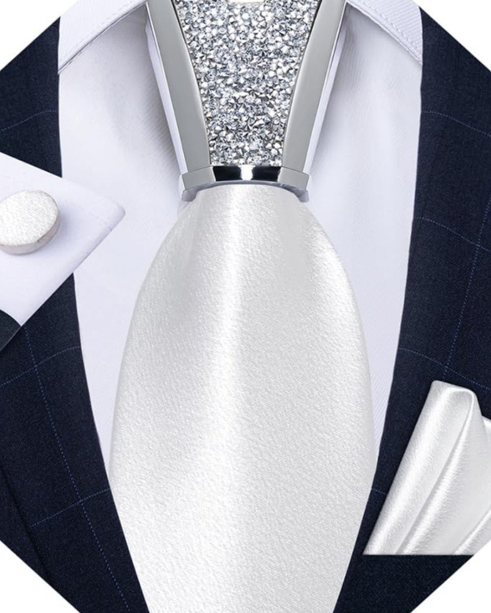 Dluxe Ave. Mens Tie SetSilk Solid Necktie and Shiny Tie Accessories Pocket Square Cufflinks Set Pearl White