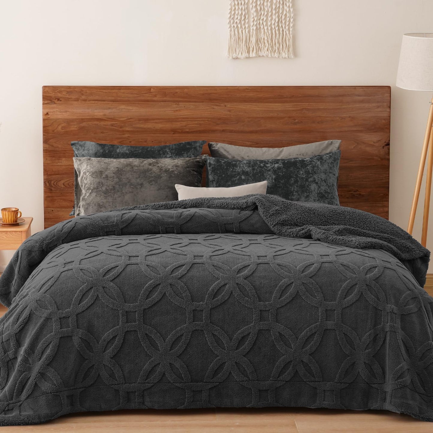 Dluxe Ave. ( KING ) Tufted Sherpa Fleece Blanket, for Winter No Shed No Pilling 108" x 90" 3D Jacquard, Dark Grey