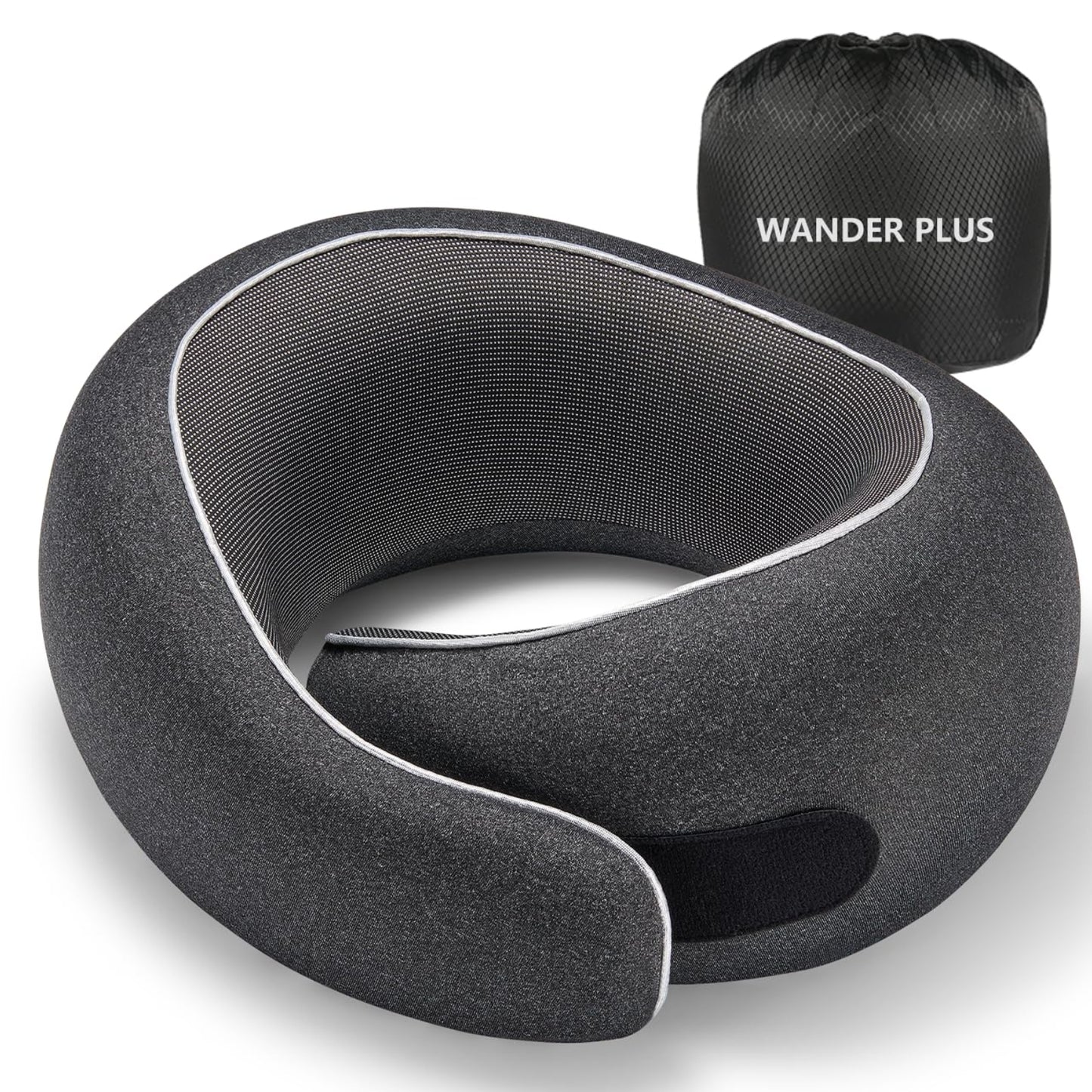WANDER PLUS® Travel Neck Pillow Pure Memory Foam Neck Pillow for Airplanes Comfortable Breathable Cover 360 Degree Support Ergonomic Design Best for Sleeping Plane Train Travel Essentials Max Black