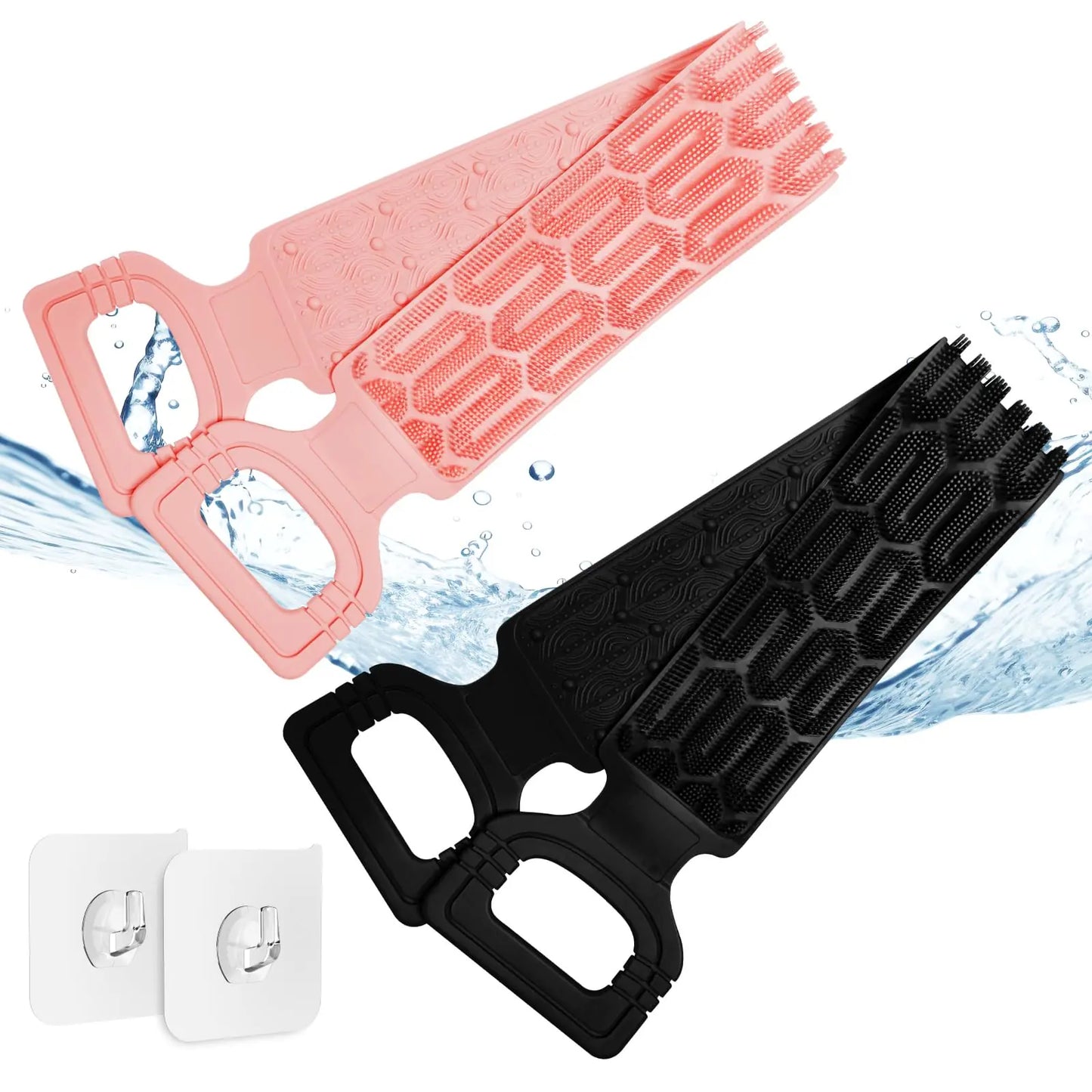 Dluxe Ave.  Silicone 27.5 Long Strap Body Scrubber with Handles (Black+Pink)
