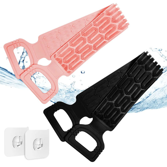 Dluxe Ave.  Silicone 27.5 Long Strap Body Scrubber with Handles (Black+Pink)