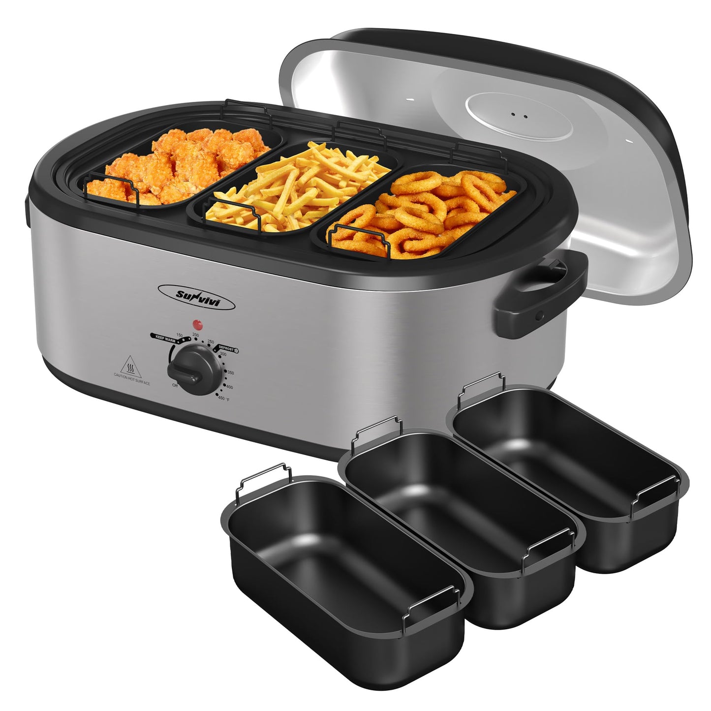 Dluxe Ave. 24QT Electric Roaster Oven / Removable 3-bin Buffet Server (Stainless Steel Silver)