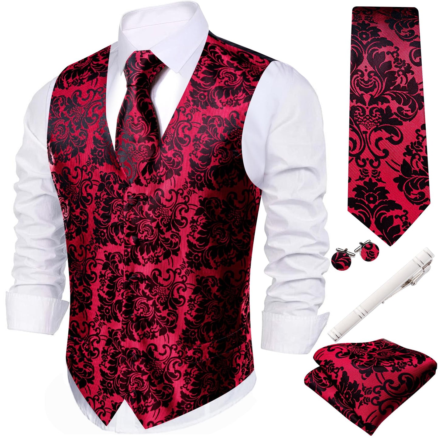 Dluxe Ave. (3X-LARGE)  Mens Suit Vest Paisley/ Waistcoat Ties Set 5PCS/ Black Red