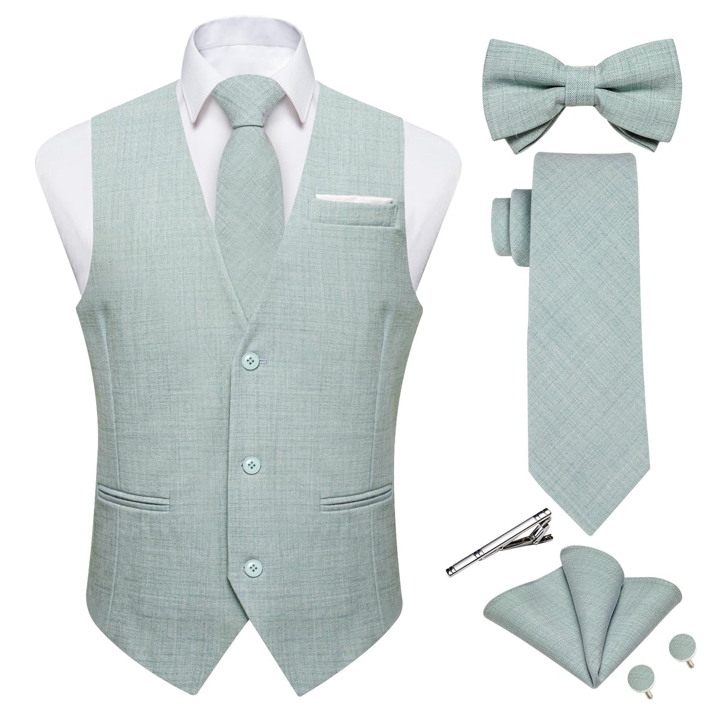 Dluxe Ave. (2X-LARGE)  Mens Linen Suit Vest/ Waistcoat and Necktie/ Pre-tied Bowtie 6PCS/  Mint Green
