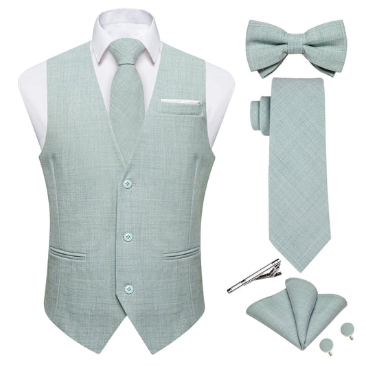 Dluxe Ave. (2X-LARGE)  Mens Linen Suit Vest/ Waistcoat and Necktie/ Pre-tied Bowtie 6PCS/  Mint Green