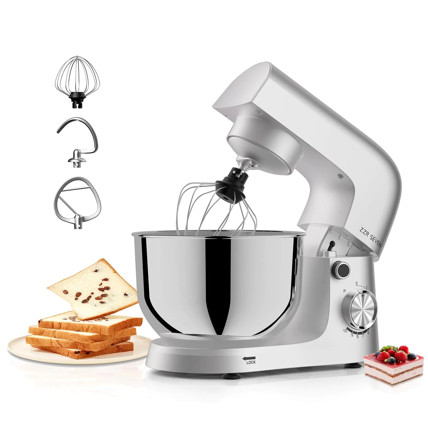 Dluxe Ave. Out of Stock/ SEVEN Stand Dough Mixer with Bowl SS/ 5.5 QT Electric Standing Mixer with Beater Dough Hooks (300W Silver)