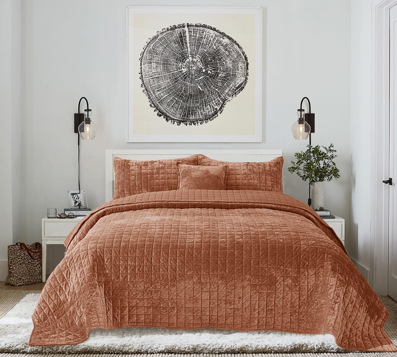 Dluxe Ave. ( KING ) 3 Pcs Luxurious Velvet Quilts Set, Ultra Soft Comforter for All Season, Rust