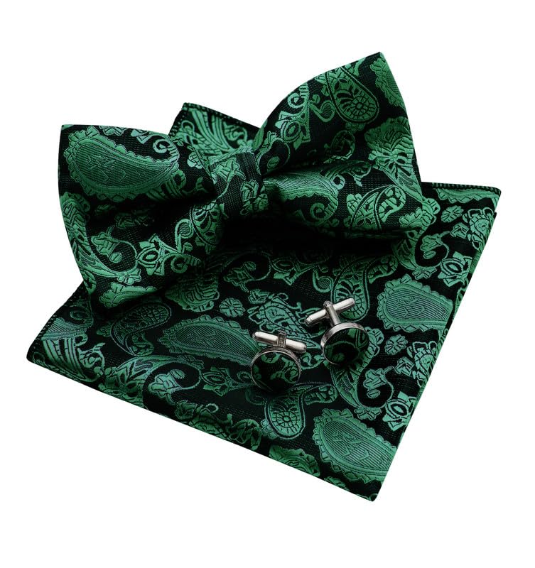 Dluxe Ave. Men’s Classic Paisley Pre-Tied Bowtie Pocket Square and Cufflinks