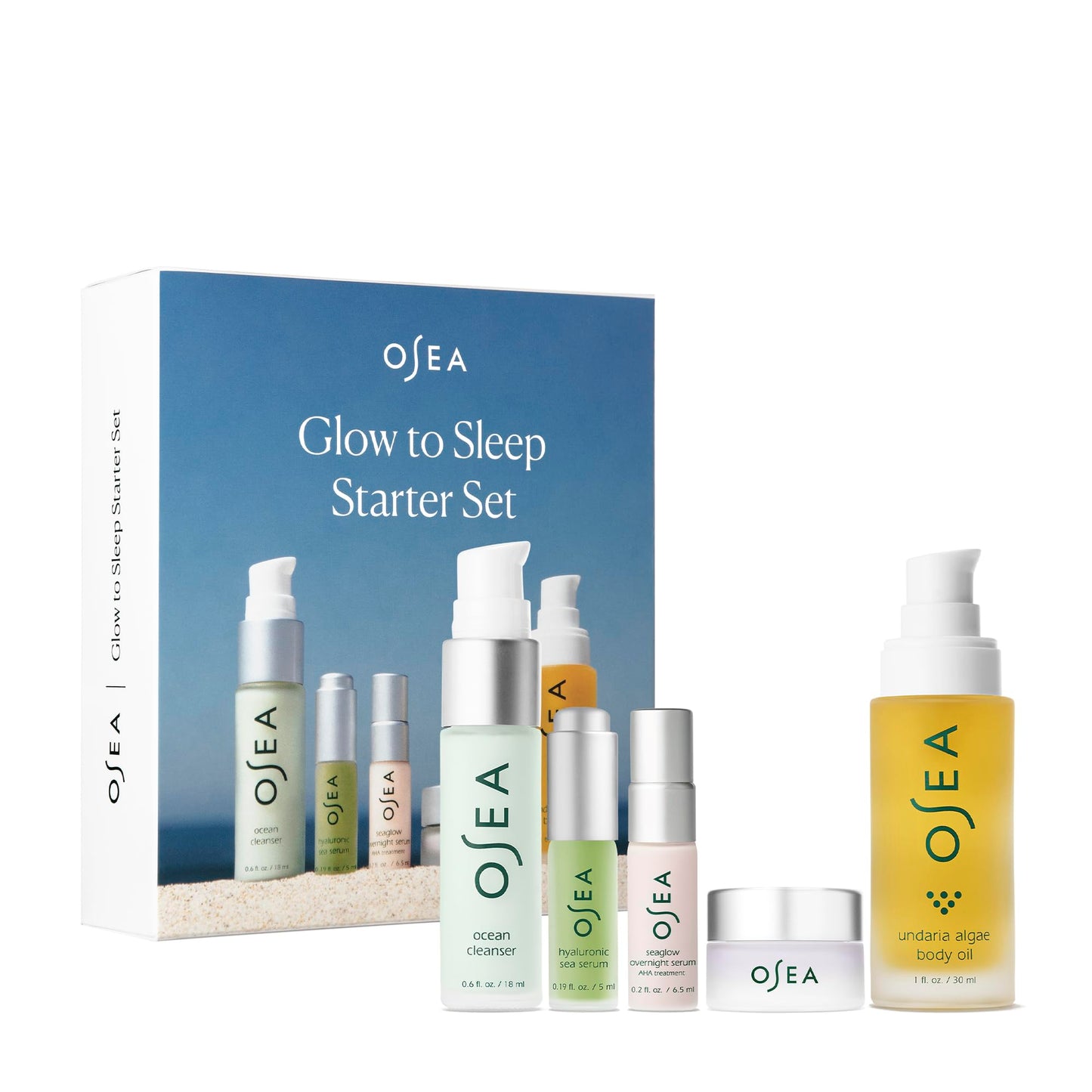 Dluxe Ave. OSEA Glow to Sleep Starter Set - 5-Piece Travel Set - includes Travel Size Night Time Skincare - Ocean Cleanser Hyaluronic Serum Dream Night Cream Seaglow Overnight Serum & Undaria Algae™ Body Oil