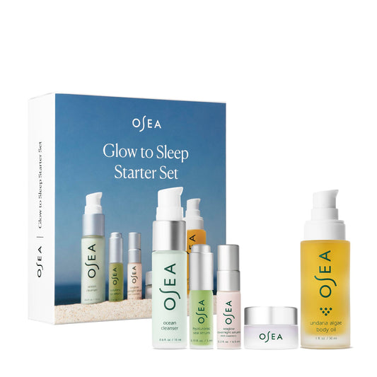 Dluxe Ave. OSEA Glow to Sleep Starter Set - 5-Piece Travel Set - includes Travel Size Night Time Skincare - Ocean Cleanser Hyaluronic Serum Dream Night Cream Seaglow Overnight Serum & Undaria Algae™ Body Oil