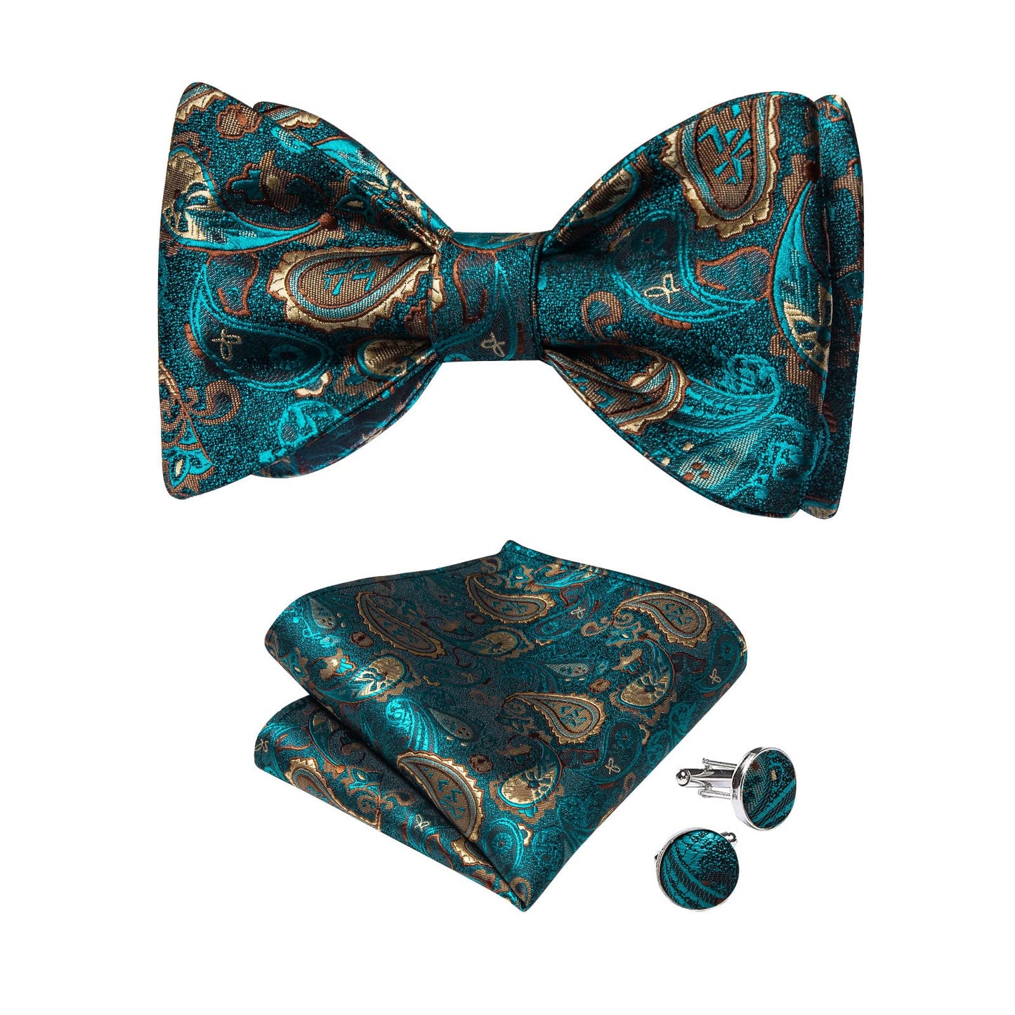 Dluxe Ave. Men Striped Solid Paisley/ Self Bowtie and Pocket Square Cufflinks/ Teal and Brown