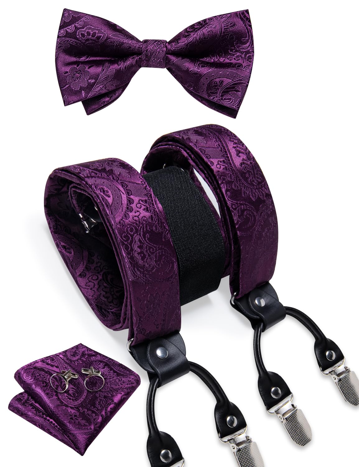 Dluxe Ave. Paisley Bow Tie and Suspenders for Men Heavy Duty Clip Suspenders Adjustable Elastic Y-Back Mens Trouser Braces