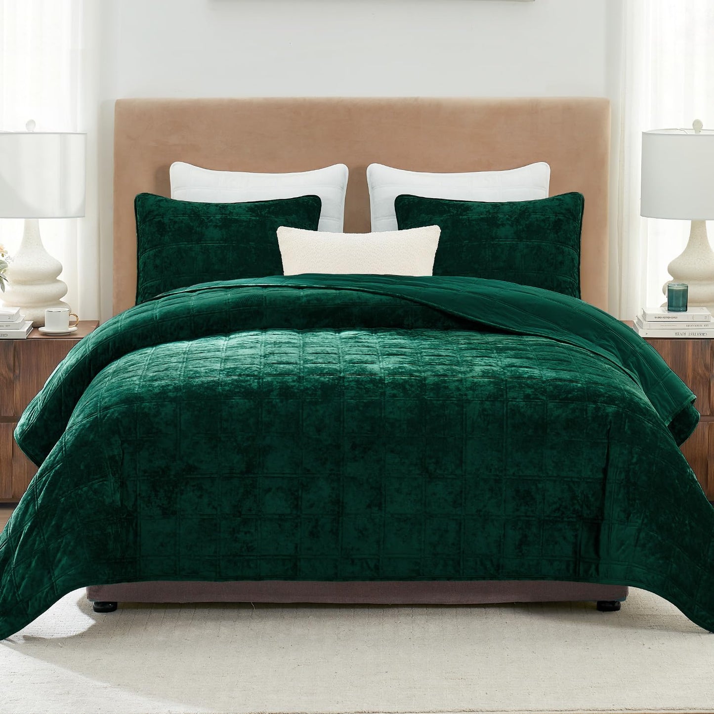 Dluxe Ave. ( KING ) 3 Pcs Velvet Quilt Luxury Bedspread Bedding Set, Ultra Soft Coverlet Oversized, for All Season 108"x92", Dark Green