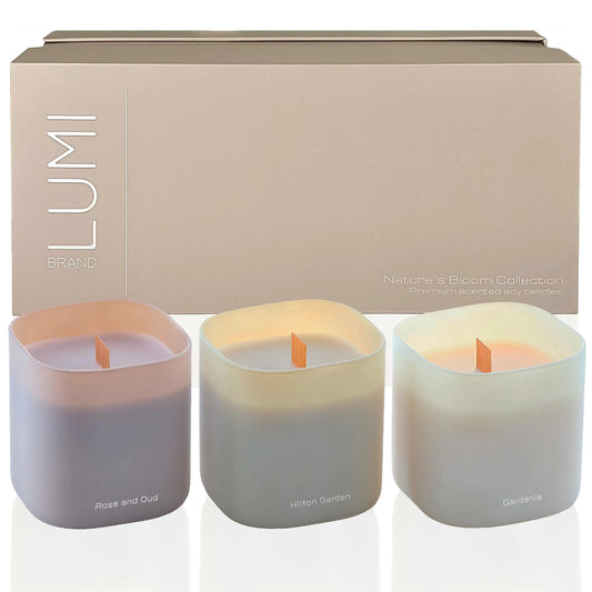 Dluxe Ave. Set of 3 Scented Soy Candles/ Gardenia Hilton Garden and Rose & Oud/ Burn 50+HR 9.8oz