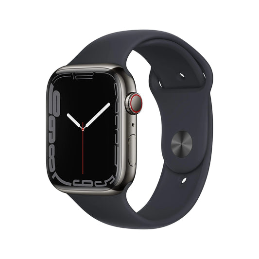 Dluxe Ave. Apple Watch Series 7 (GPS + Cellular 45MM) Graphite Stainless Steel Case with Midnight Sport Band (Renewed)