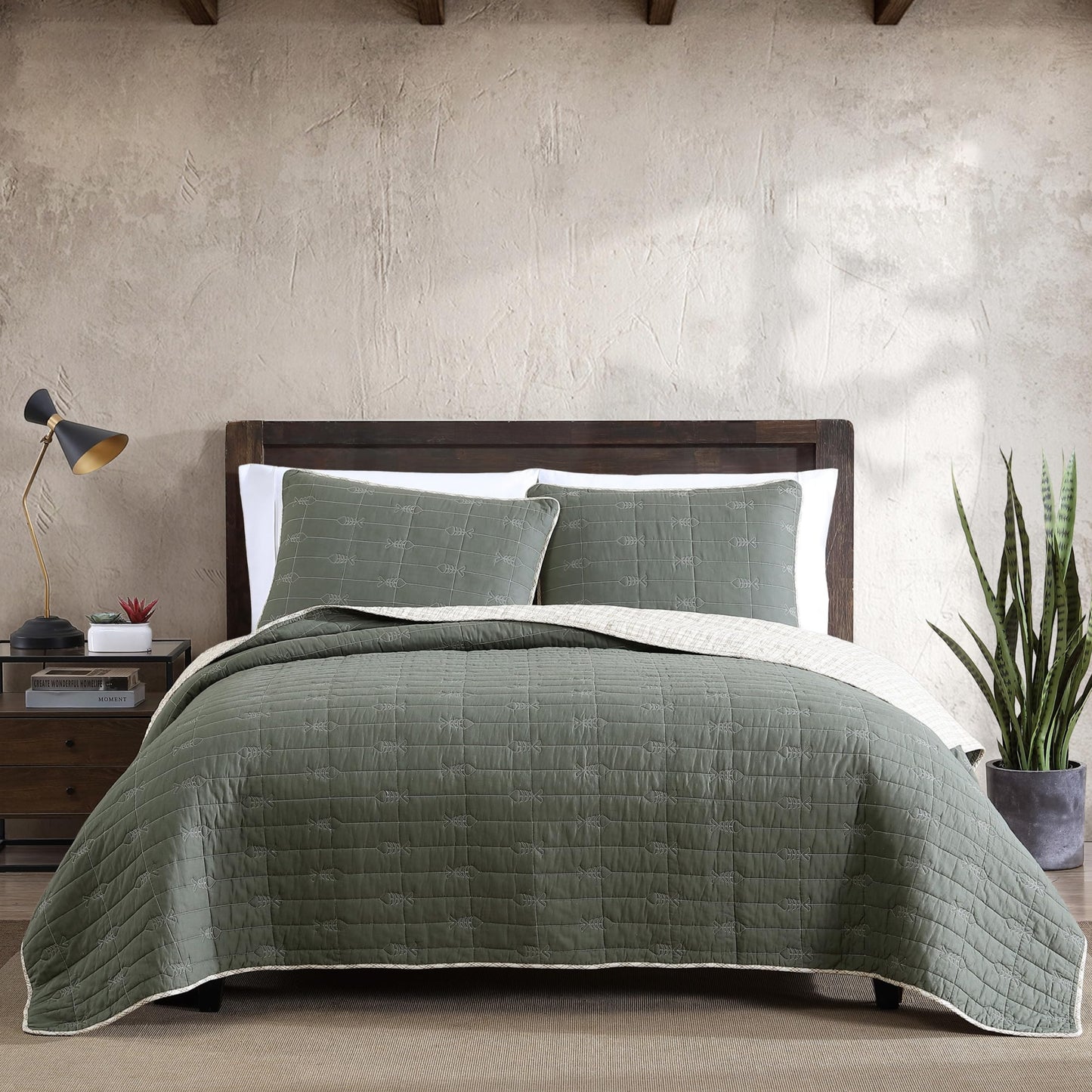 Dluxe Ave. ( QUEEN ) 3 Pcs Quilt Set/ Reversible Cotton Bedding with Matching Shams/ for All Seasons/ Troutdale Green