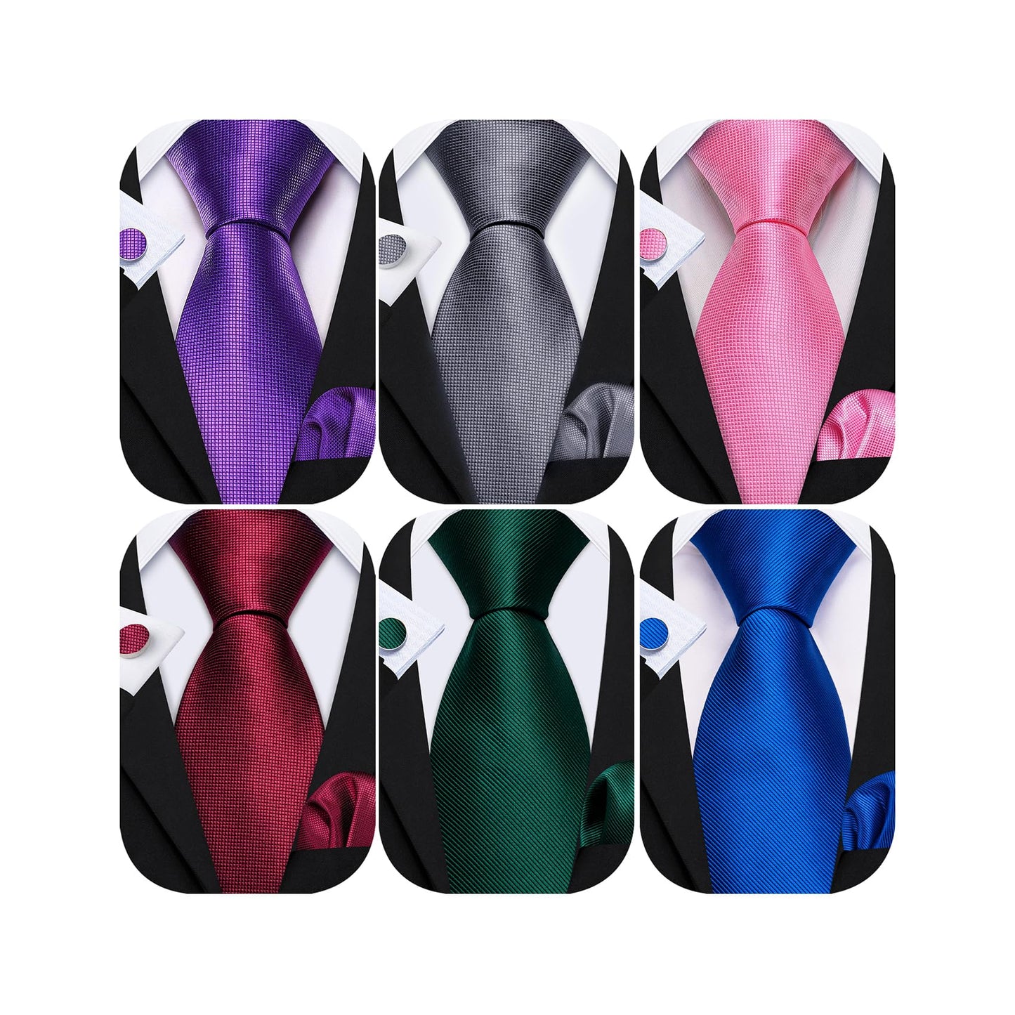 Dluxe Ave. Men Tie Set Solid Color Pocket Square Silk Necktie Clip Formal 6PCS