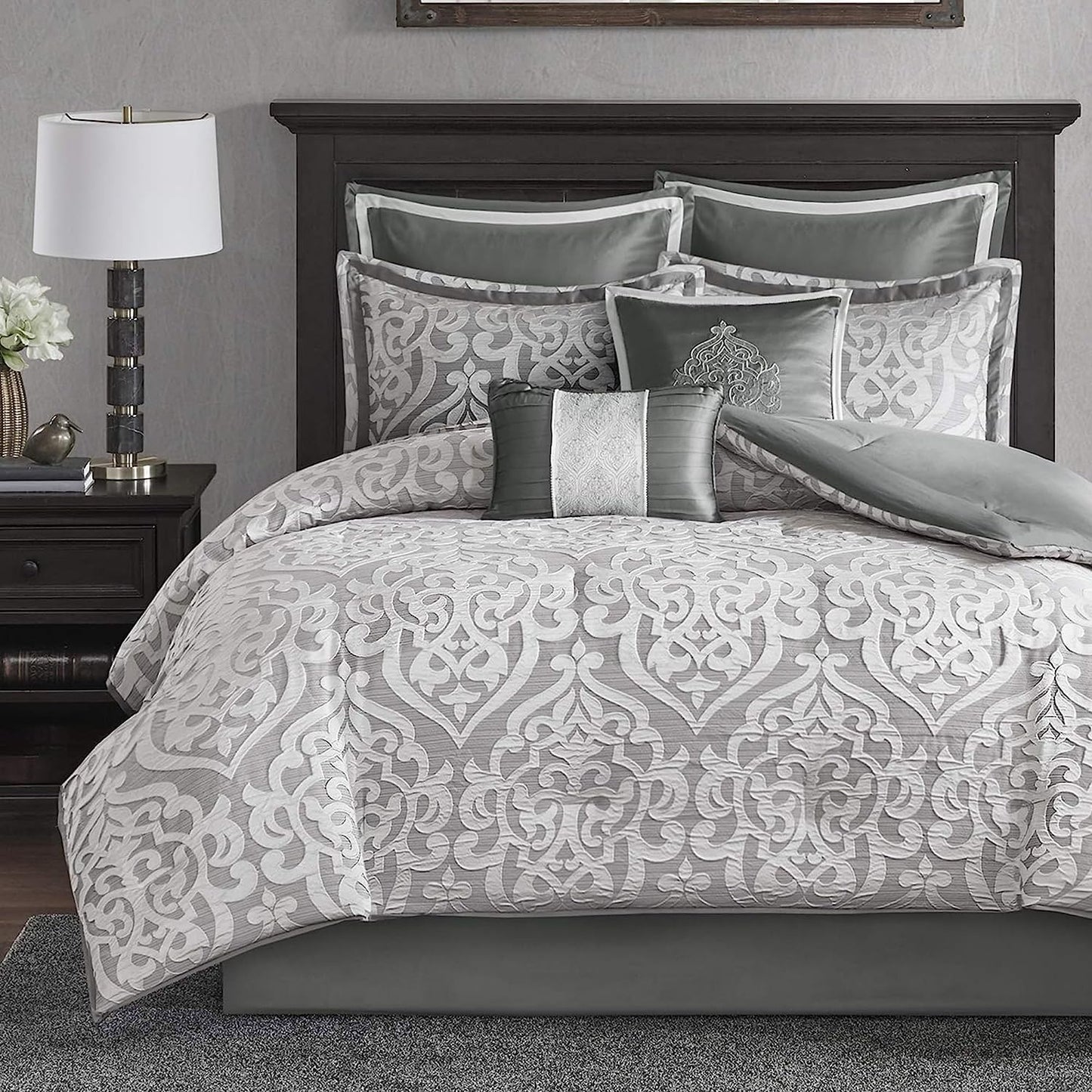 Dluxe Ave. ( KING ) 8 Pcs Cozy Comforter Set, Jacquard Damask Medallion Design for All Season (104 in x 92 in)/ Silver