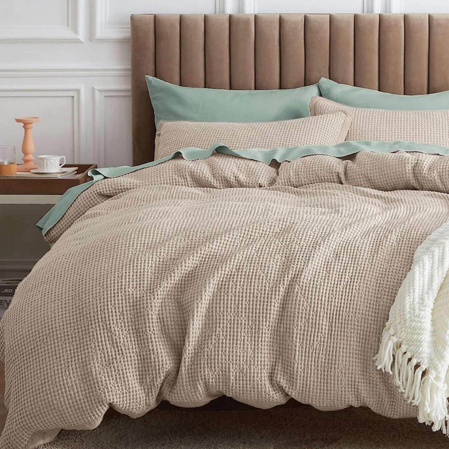 Dluxe Ave. ( KING ) 3 Pcs Waffle Comforter Set/ Soft Cotton/ for All Seasons/ Khaki