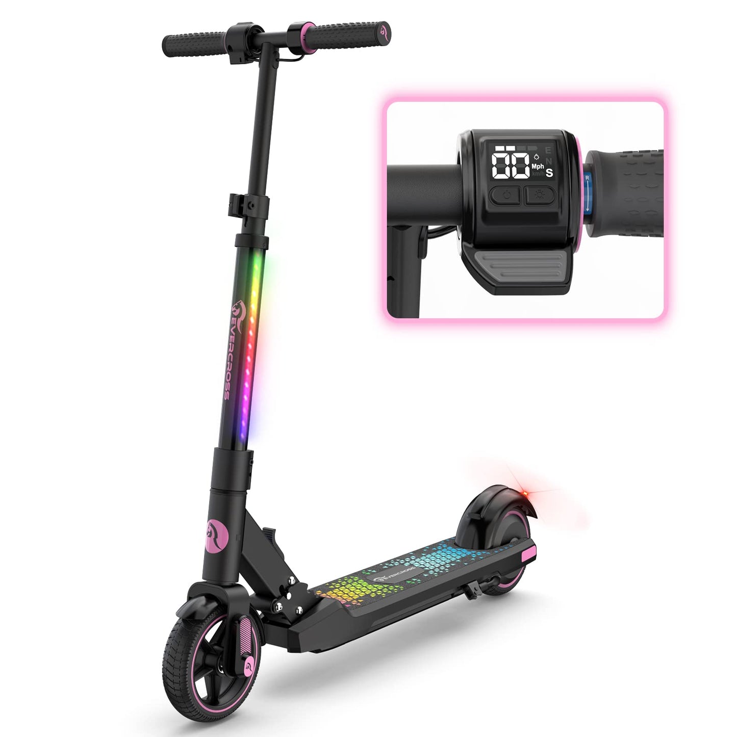 Dluxe Ave. Electric Scooter for Kids Ages 6-12, Up to 9.3 MPH & 5 Miles, Colorful LED Lights Lightweight (Black Pink)
