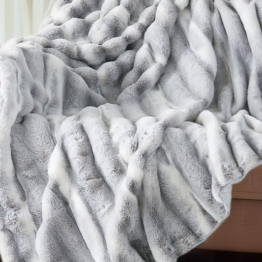 Dluxe Ave. ( TWIN ) Luxury Fluffy Faux Rabbit Fur Throw Blanket, Ultra Soft Cozy, (Snow Lynx) 60"x80"