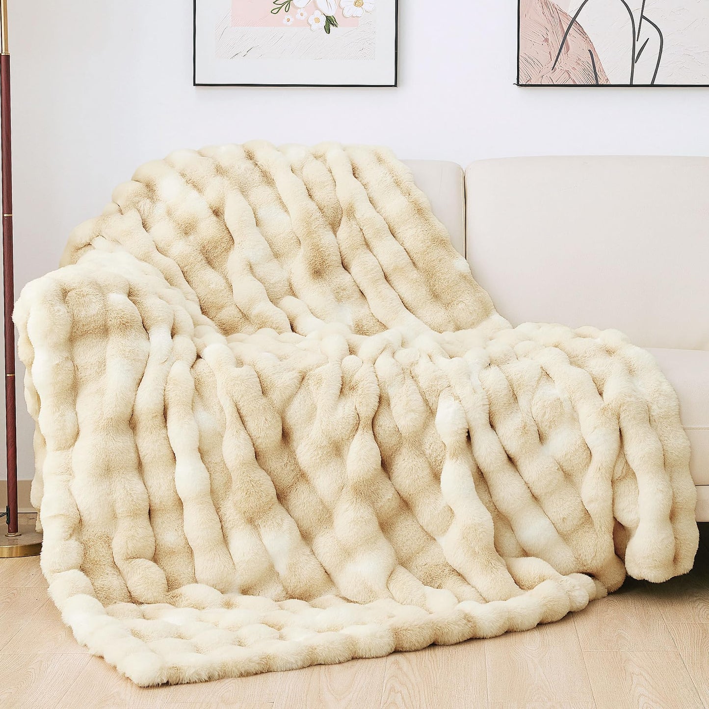 Dluxe Ave. ( THROW ) Camel Faux Fur Rabbit Thick Throw Blanket, (Camel) 50x60 860 GSM