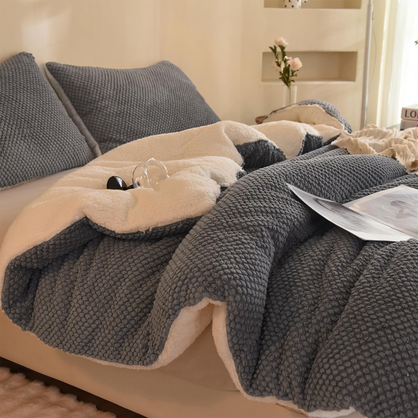 Dluxe Ave. ( KING ) 3 Pcs Jacquard Design Comforter Set, Ultra-Soft, Sherpa Fur Plush, Luxury Cozy Bedding, 104"x90" Grey