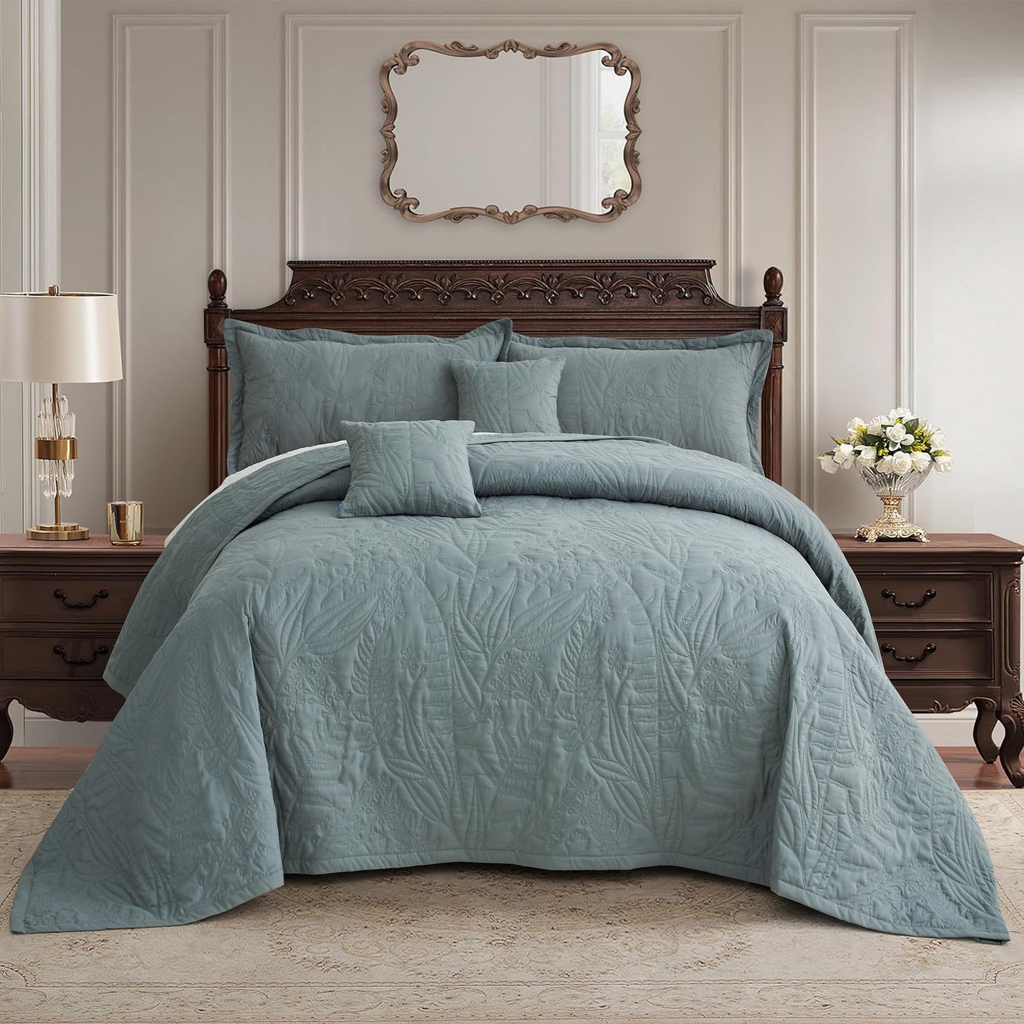 Dluxe Ave. ( KING ) 5 Pcs Oversized Bedspread Quilt Set, Elegant & Fresh Style, Grey