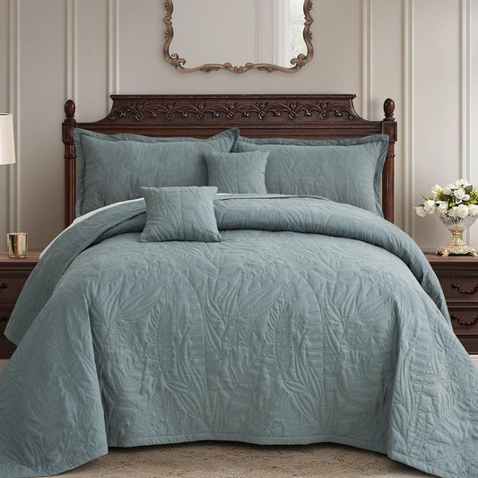 Dluxe Ave. ( KING ) 5 Pcs Oversized Bedspread Quilt Set, Elegant & Fresh Style, Grey