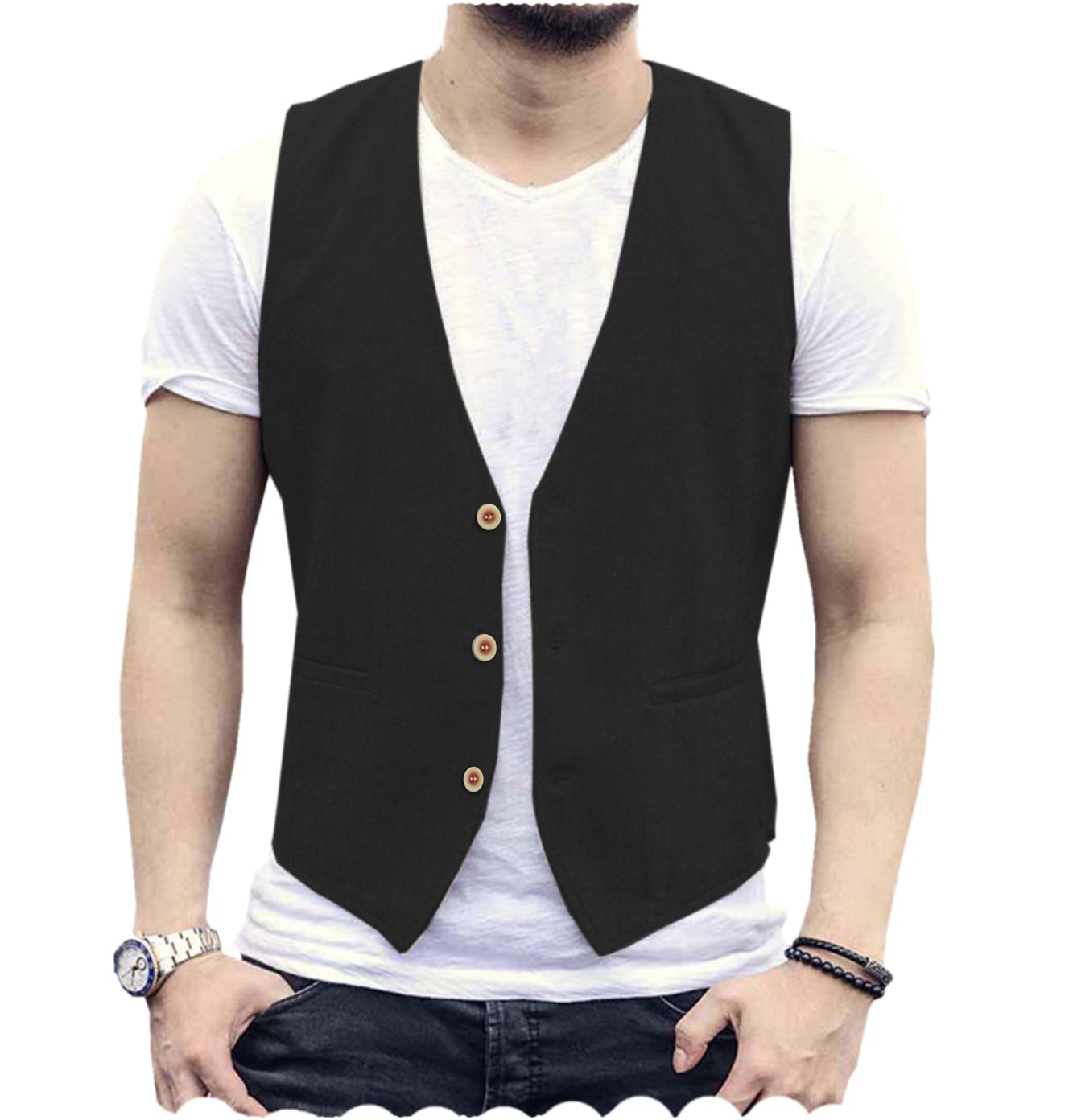 Dluxe Ave. (X-LARGE)  Mens Summer Linen Vest/ Waistcoat / Regular Fit/ Black