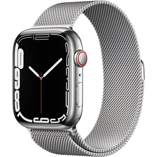 Dluxe Ave. Apple Watch Series 7 (GPS + Cellular 45MM) - Silver Stainless Steel Case with Silver Milanese Loop (Renewed)