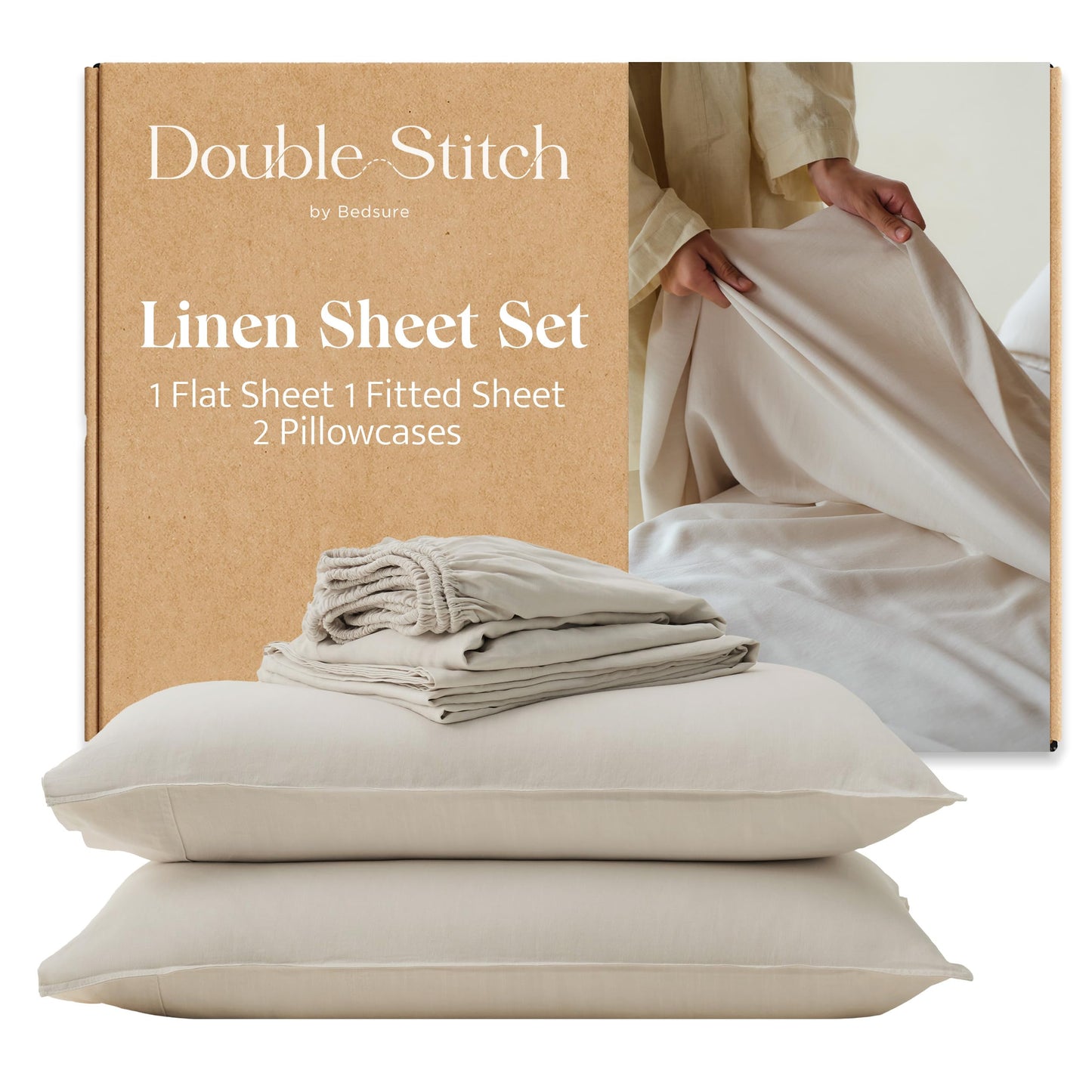 Dluxe Ave. ( QUEEN )  European Flax Linen Sheets Set - 4 PC Deep Pocket,  Oat