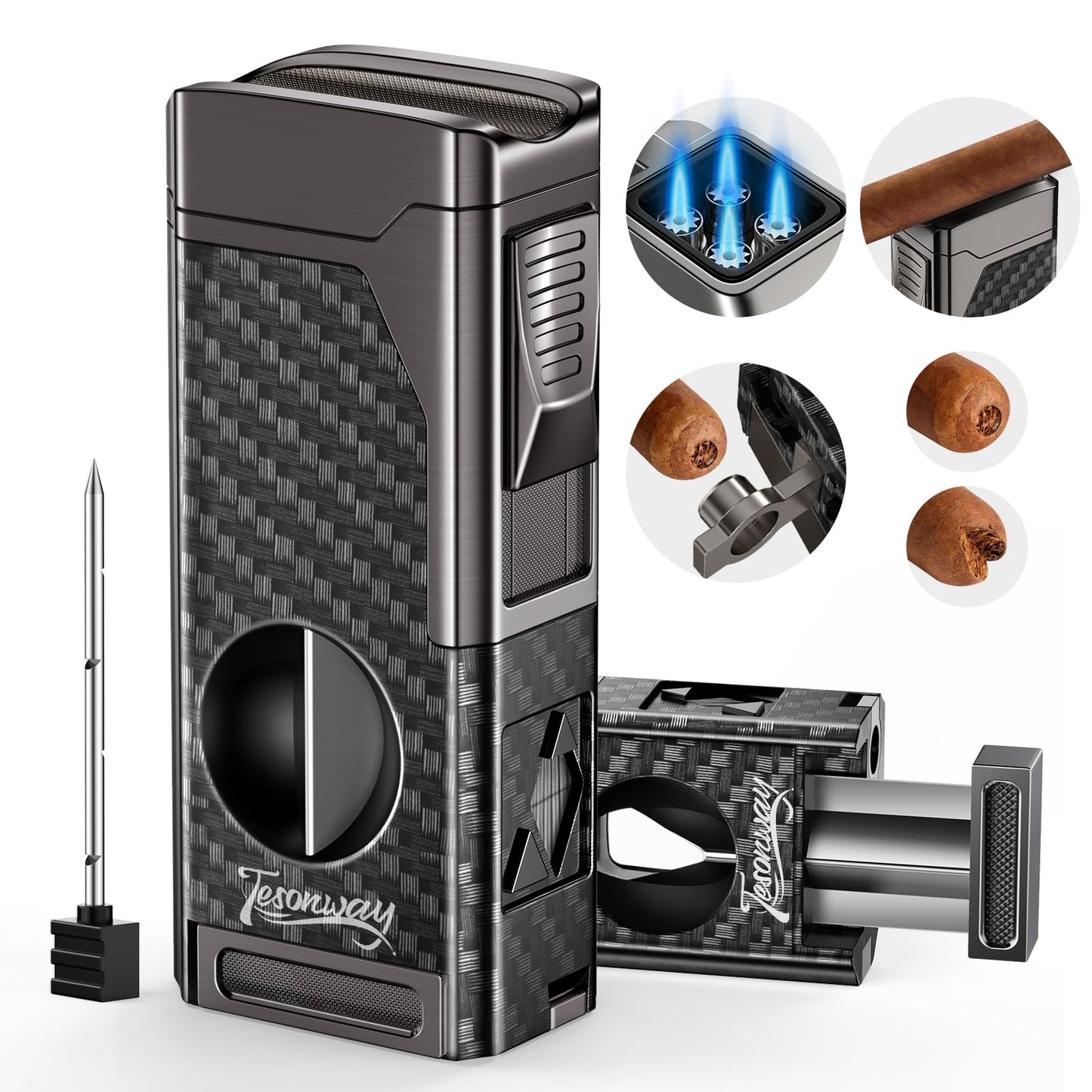 Dluxe Ave. Cigar Torch Lighter 4 Jet Flame/ Cigar Cutter V Cut Accessories