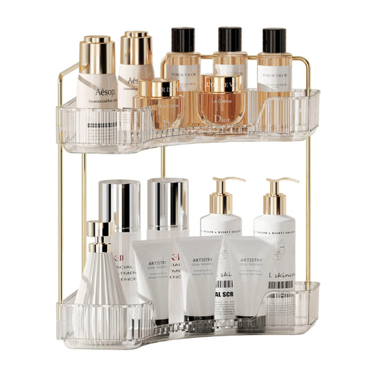 Dluxe Ave. YCIA&DONE Corner Counter Bathroom Organizer Countertop 2 Tiers Cosmetic Perfume Tray Vanity Organizer for Makeup Skincare Clear Corner Rack Bathroom Organizers and Storage(Clear White)