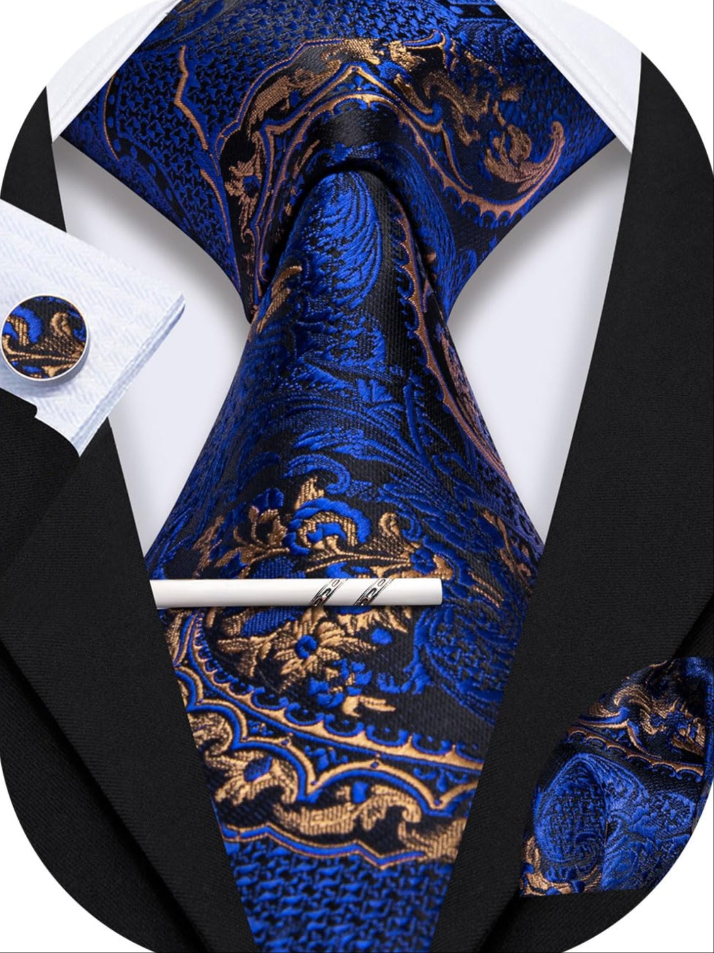 Dluxe Ave.  Men Tie Clip Set Paisley Blue Gold Silk Necktie Handkerchief Cufflinks