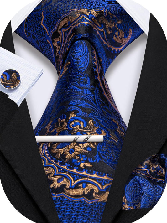 Dluxe Ave.  Men Tie Clip Set Paisley Blue Gold Silk Necktie Handkerchief Cufflinks
