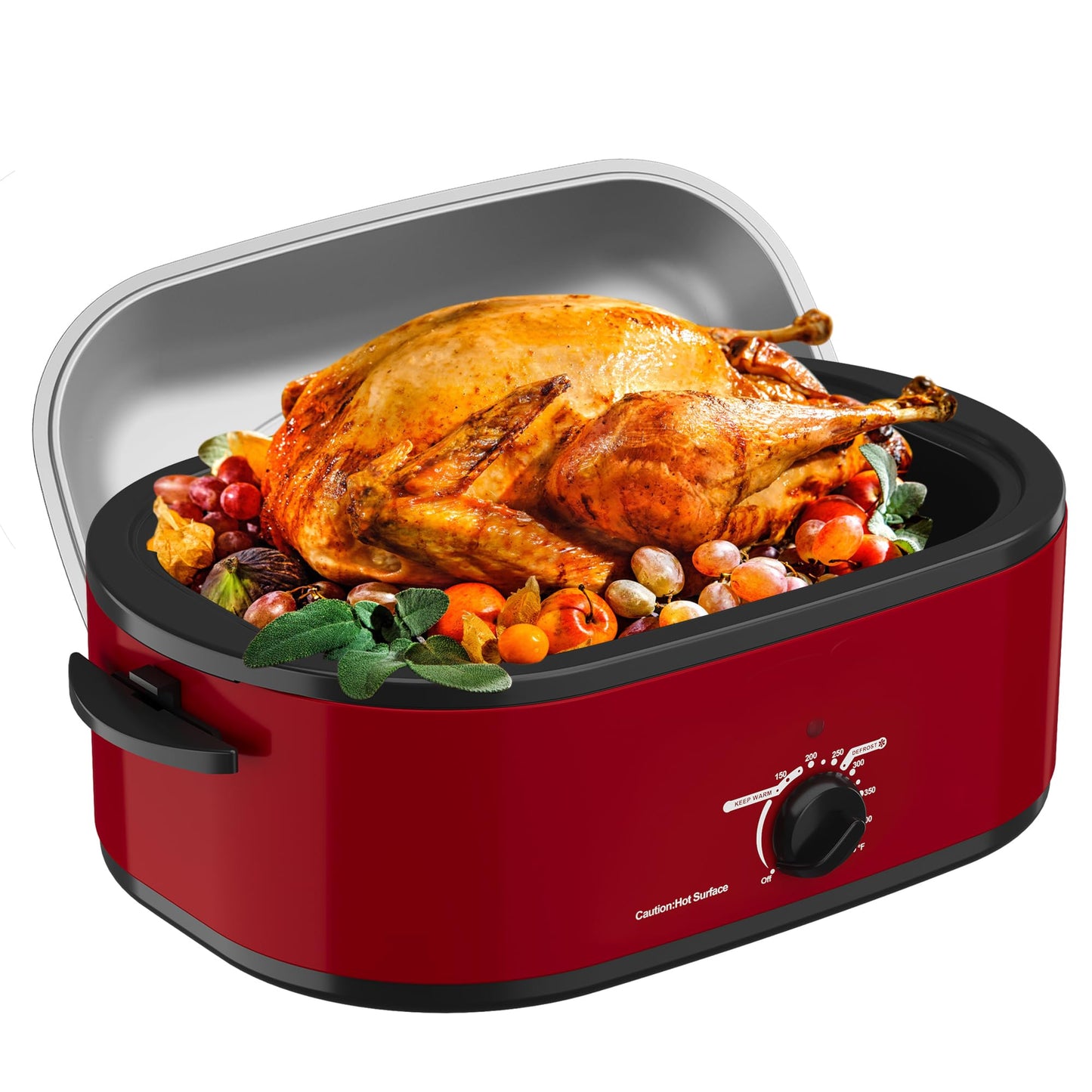 Dluxe Ave. 18 Quart Roaster Oven with Self-Basting Lid, Removable Pan & Rack, Stainless Steel, Red