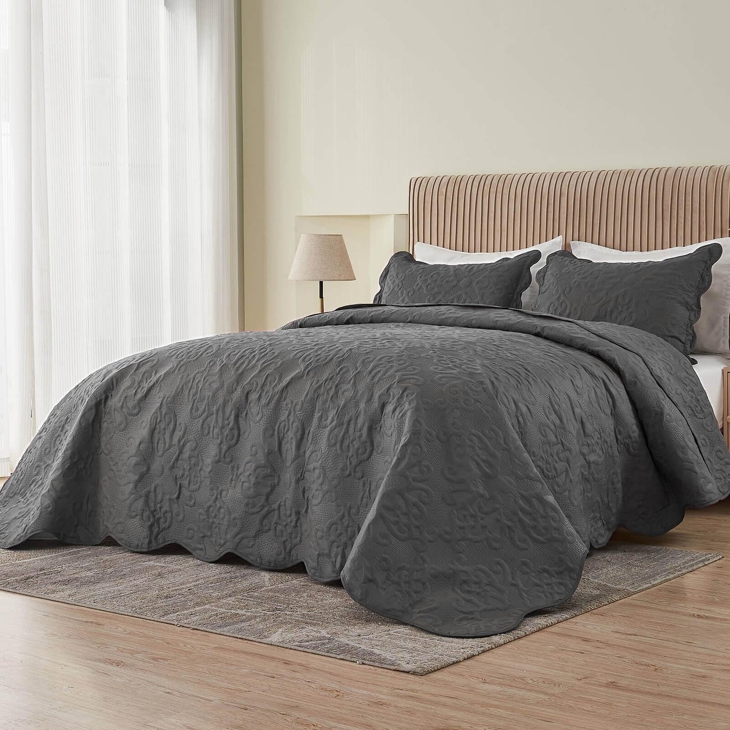 Dluxe Ave. ( TALL KING/ CALI. KING ) 3 Pcs Oversized Bedspreads/ 128x120 Extra Wide Quilt Set/ Dark Grey