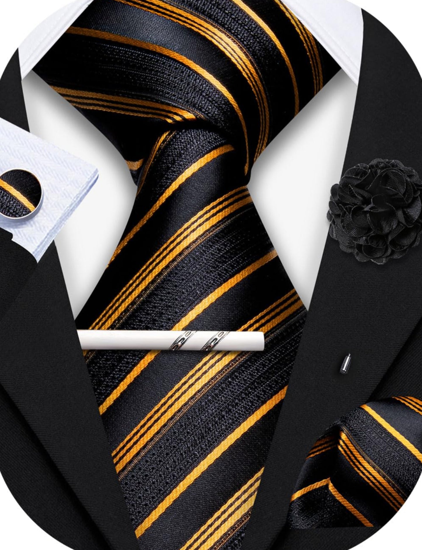Dluxe Ave.  Men Clip on Tie with Lapel Pin & Pocket Square/ Gold Black