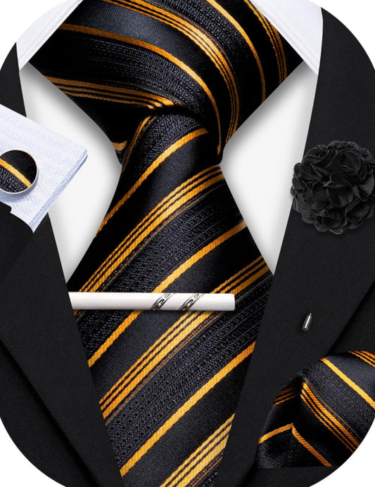 Dluxe Ave.  Men Clip on Tie with Lapel Pin & Pocket Square/ Gold Black