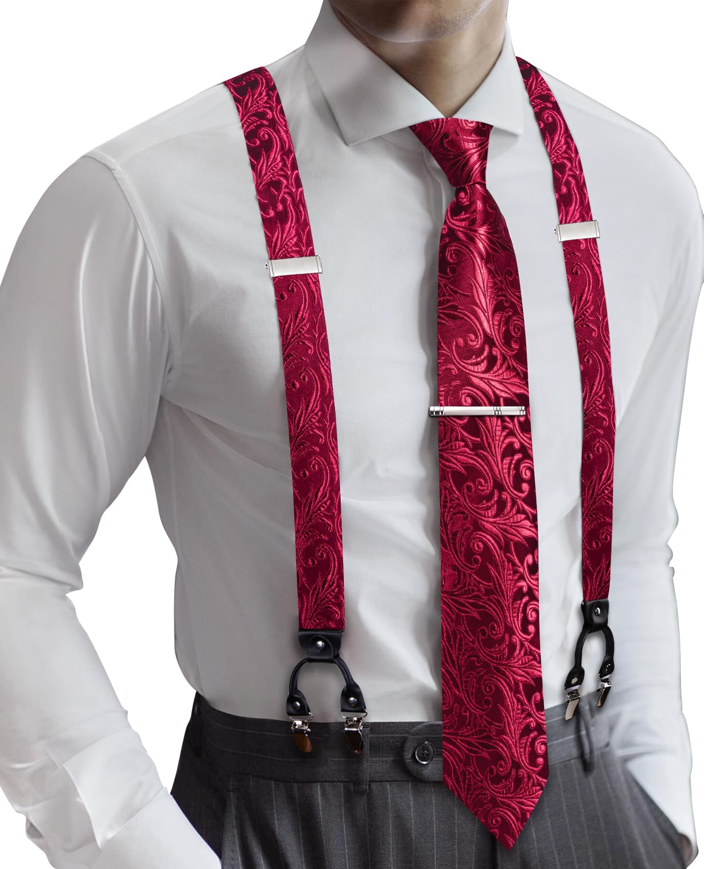 Dluxe Ave. Men Suspender Set with Necktie/ Elastic Y Type Heavy Duty/ 6 Clips Braces/ Tie Handkerchief & Cufflink Pin 6PCS