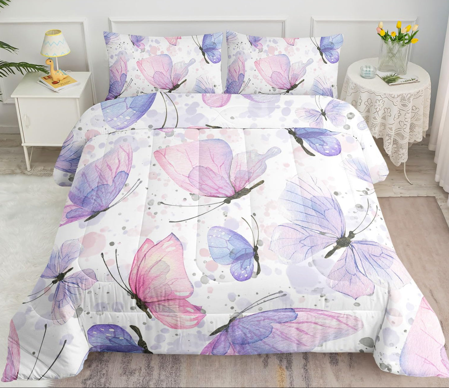 Dluxe Ave. ( TWIN ) 3 Pcs Comforter and Bedding Set/ for All Season/ Butterflies/ Pink & Purple