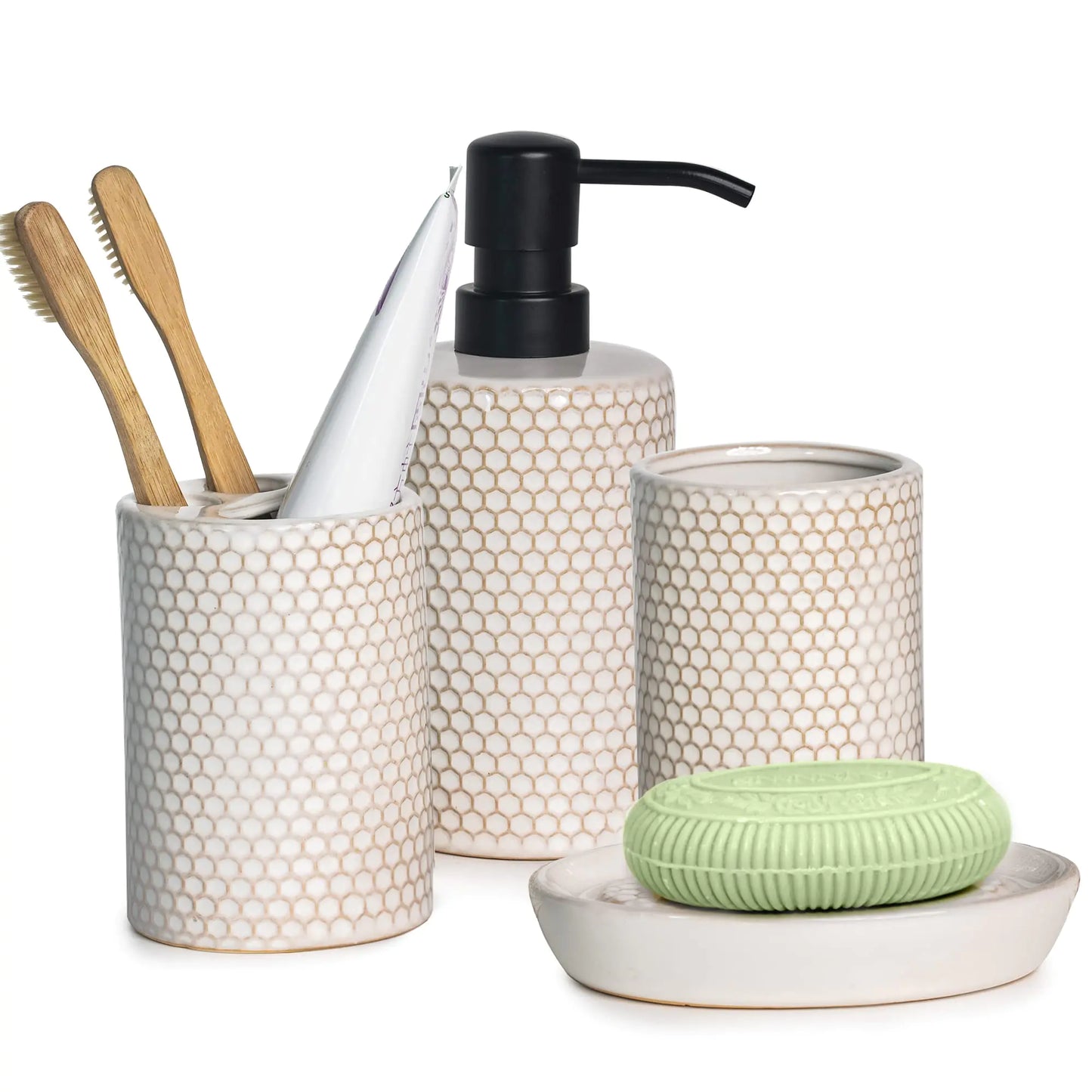 Dluxe Ave. Bathroom Accessory Set, 4 Pcs Complete Honeycomb Pattern, Ceramic Toothbrush Holder, Cup, Soap Dish, and Soap Dispenser